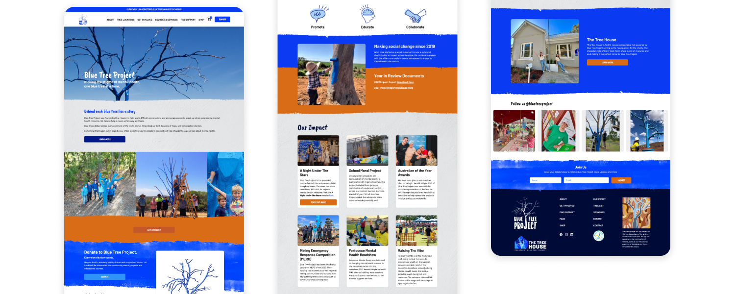 Three long screens showcasing different parts of the Blue Tree Project website.