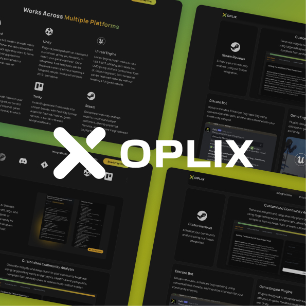 An image of screens from the Oplix website, with a white Oplix logo