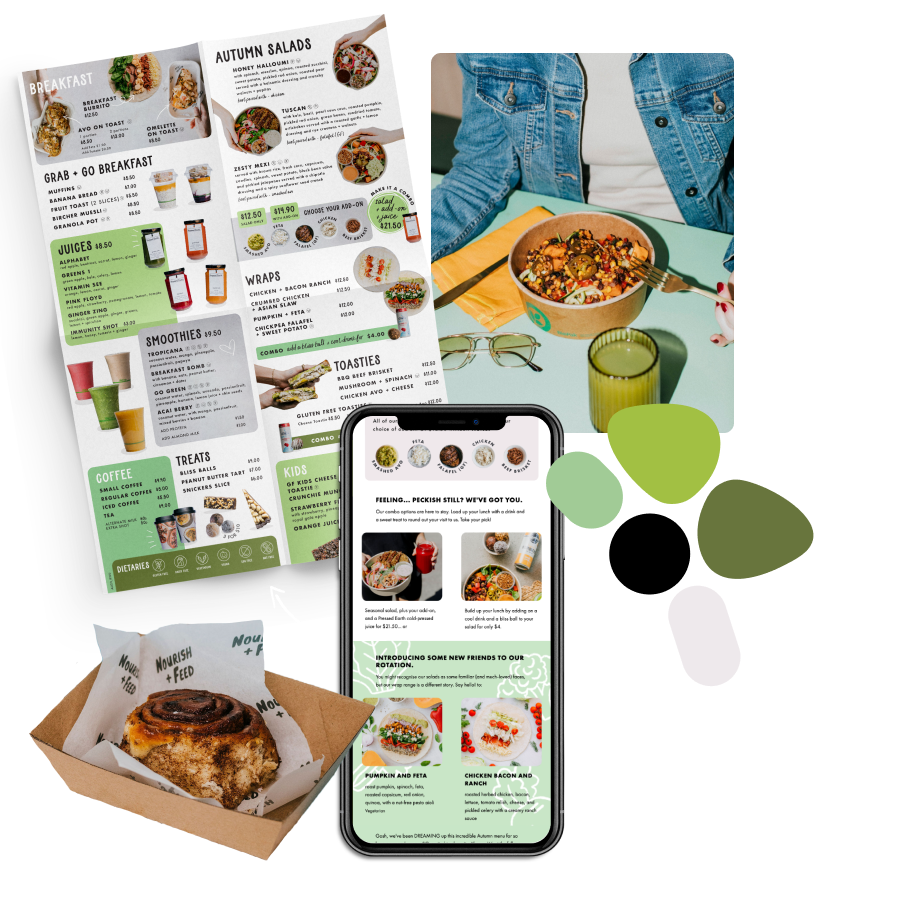 An example of branding for Nourish + Feed, a healthy fast food business. Images show the colour palette, menu and email design, as well as handdrawn custom icons.