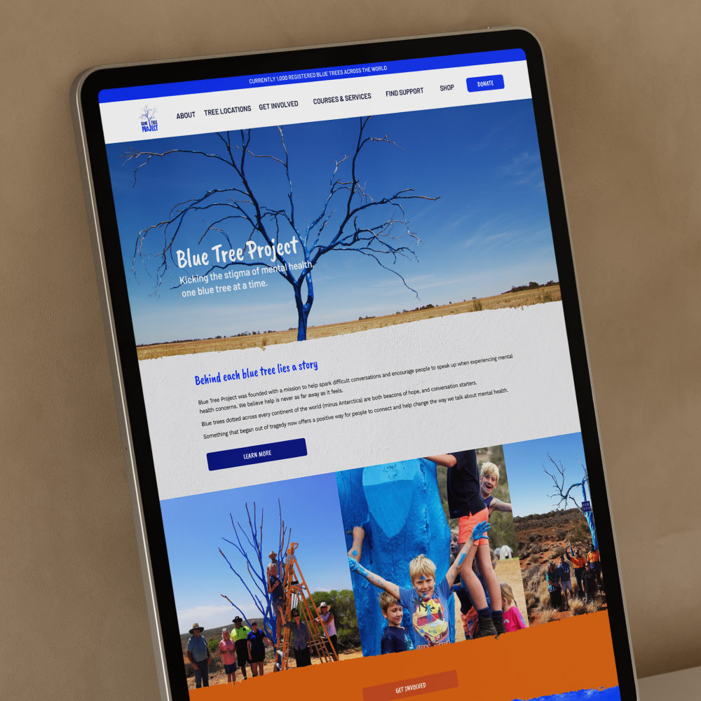 An ipad screen showcasing the Blue Tree Project Website